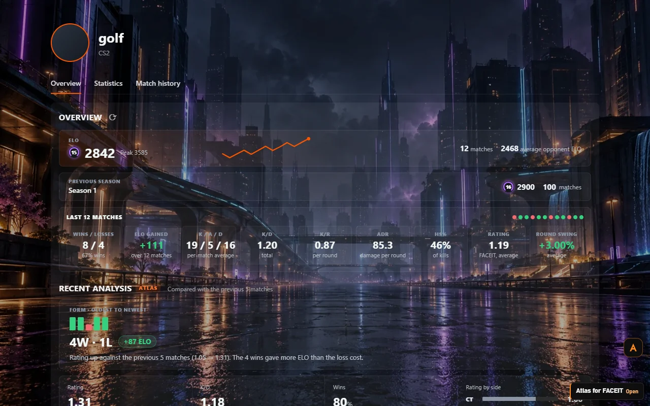 The same FACEIT profile with the Neon city background