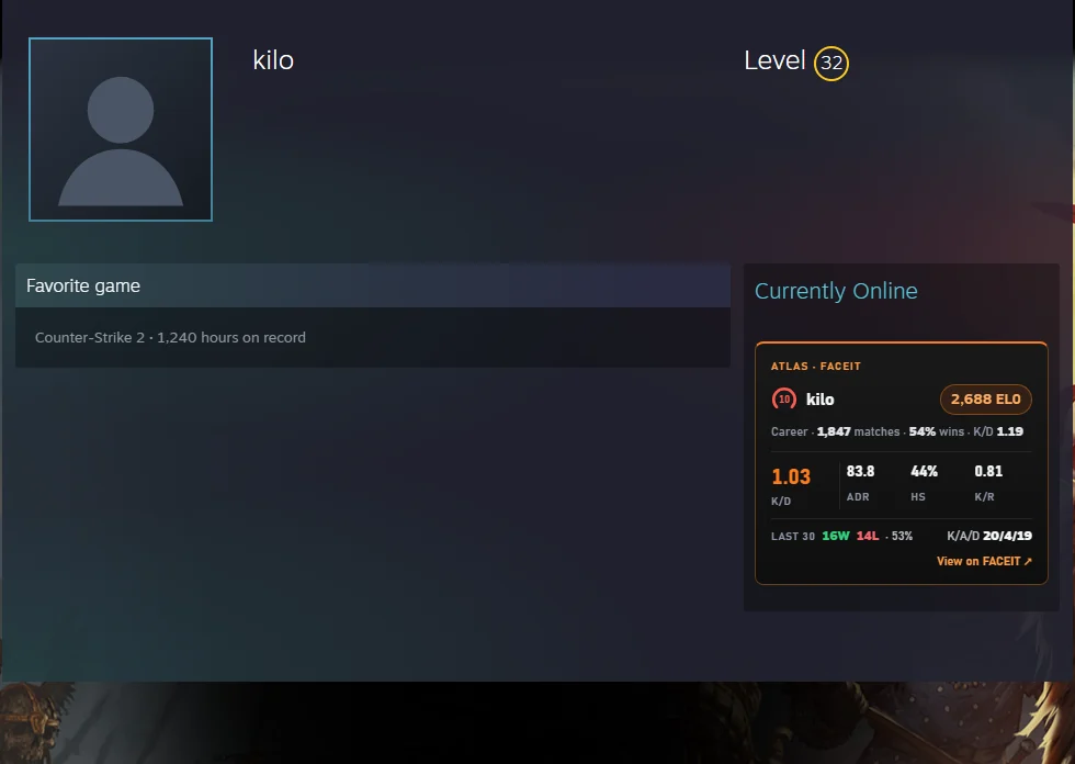 Atlas card on a Steam profile showing the linked FACEIT CS2 account and its last 30 matches