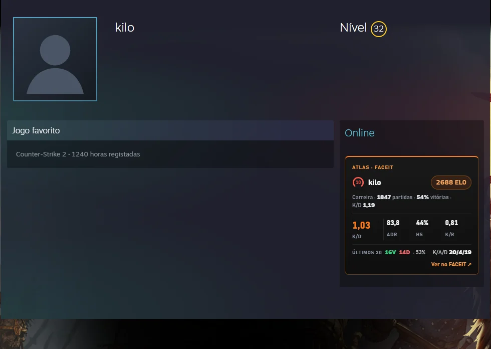 Cartão do Atlas num perfil Steam com a conta FACEIT de CS2 ligada e os últimos 30 jogos